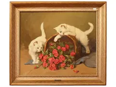 Cats playing with flowers by Gabriella Rainer-Istvánffy, oil on canvas, offered Sep 2026