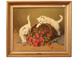 Gabriella Rainer-Istvánffy, Cats playing with flowers, oil on canvas