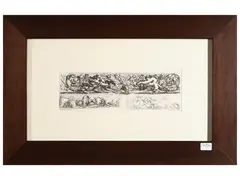 Stefano della Bella, Hunting scenes taken from Ornamenti di fregi e fogliami, 1645 about, Three etching on the only table