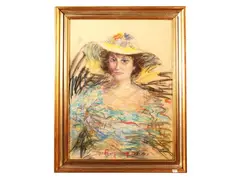 Portrait of woman with hat by Guido Borgianni, mixed media on paper, offered Sep 2026