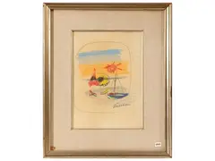 Boats at sunset by Enrico Paulucci, pastel on paper applied to canvas, offered Jul 2026