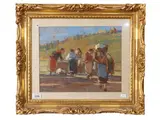 Ludovico Tommasi, Washerwomen in a landscape, oil on cardboard