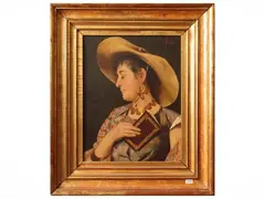 Pompeo Massani, Girl with hat and jewelry, oil on canvas