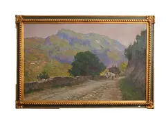Adolfo Tommasi, View of road with ox cart, oil on canvas