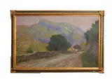 Adolfo Tommasi, View of road with ox cart, oil on canvas