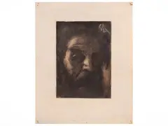 Self-portrait by Enrico Sacchetti, charcoal on paper partially applied to cardboard, offered Jun 2026