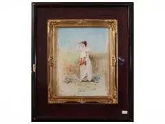 Pietro Gabrini, Woman with poppies in a wheat field, gouache on paper