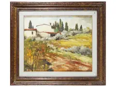 Landscape with houses by Gianfranco Frezzolini, oil on canvas, offered Jun 2026