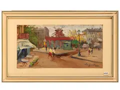 Street in Paris with a view of the Moulin Rouge in the background by Basso Ragni, oil on panel, offered Jun 2026