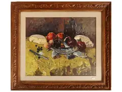 Fosco Pavi, Still life with fish, vegetables and jug of wine 1972, oil on canvas