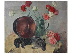 Fosco Pavi, Still life with flowers and game 1970, oil on canvas