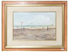 View of the beach with figures by Fausto Maria Liberatore, mixed media on panel, offered Jun 2026
