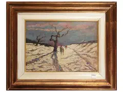 Gino Romiti, Snowy landscape with figures, oil on panel