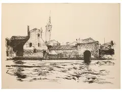 Pietro Annigoni, Il precario campanile di Burano, lithograph