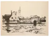 Pietro Annigoni, Il precario campanile di Burano, lithograph