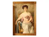 Erzébeth Angyalffy, Portrait of young noblewoman in white dress with bouquet of roses, oil on canvas