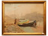 Antonio Mario Aspettati, Barges on the Arno, oil on canvas