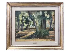 Forest landscape 1949 by Valentino Ghiglia, oil on cardboard, offered Mar 2026