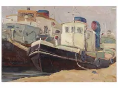 Boats at the port by Bruno Tinucci, oil on panel, offered Mar 2026