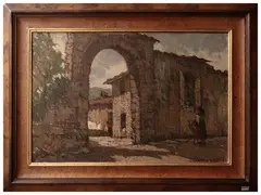 Thread of town with figures 1964 by Giuseppe Comparini, oil on canvas, offered Mar 2026