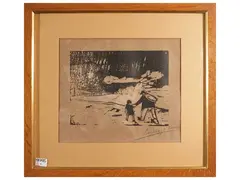 Landscape with wayfarers by Lorenzo Viani, woodcut print, offered Mar 2026