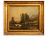 Henri François Perret, River landscape with characters, oil on canvas