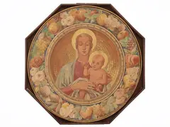 Garibaldo Cepparelli, Madonna and Child within a garland of flowers and fruit, circular panel presumably in painted stucco