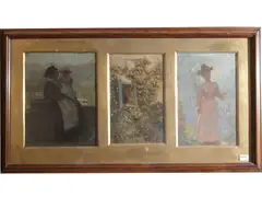 The nanny - Window between flowers - Girl in pink with umbrella by Michele Gordigiani, Three sketches, offered Dec 2025