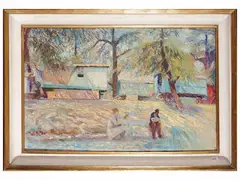 Edoardo Gordigiani, View of a garden with figures, oil on canvas