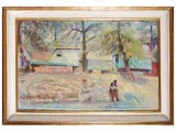 Edoardo Gordigiani, View of a garden with figures, oil on canvas
