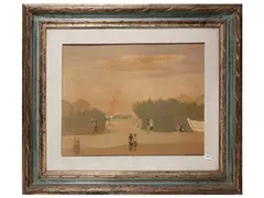 View of the beach with figures 1964 by Marcello Boccacci, oil on cardboard, offered Dec 2025
