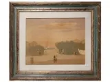 Marcello Boccacci, View of the beach with figures 1964, oil on cardboard