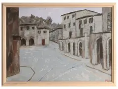 Piazza di Greve 1982 by Renzo Grazzini, oil on a plywood table, offered Dec 2025