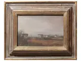 Ugo Ugolini, Lake landscape with huts 1982, oil on canvas cardboard