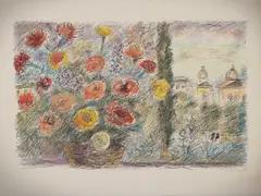 Dead nature with flowers in a landscape by Michele Cascella, lithograph, offered Nov 2025