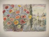 Michele Cascella, Dead nature with flowers in a landscape, lithograph