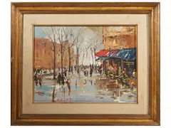 Strada glimpse with figures by Norberto Martini, oil on table, offered Nov 2025