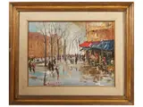 Norberto Martini, Strada glimpse with figures, oil on table