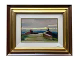 Renato Natali, Landscape with bridge and characters, oil on panel