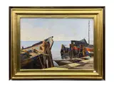 Angiolo Volpe, Sottomarina, barcone e chioggiotte alla fonda 1983, oil on canvas