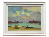 Renato Natali, View of the Port of Livorno, oil on canvas board