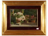 Giulio Salti, View of a garden with pots of azaleas, oil on canvas board