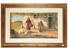 Scorcio di aia con contadine e bambina by Renzo Martini, oil on tavoletta, offered Nov 2025