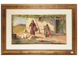 Renzo Martini, Scorcio di aia con contadine e bambina, oil on tavoletta