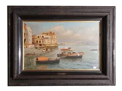 Attilio Pratella, View of the Gulf of Naples with Palazzo Donn'Anna, oil on panel