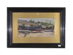 Strand boats by Guglielmo Micheli, oil on panel, offered Oct 2025