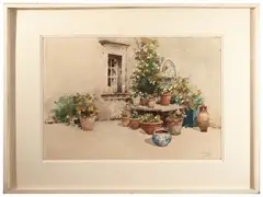 Plants in the courtyard by Vincenzo Irolli, watercolor on paper applied to cardboard, offered Sep 2025