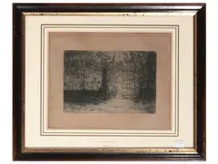 Landscape with View of a gate by Gino Romiti, etching, offered Sep 2025