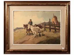 Farmer and horses by Renzo Martini, oil on tablet, offered Sep 2025