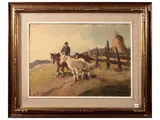 Renzo Martini, Farmer and horses, oil on tablet